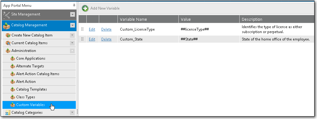 Catalog Management &gt; Catalog &gt; Custom Variables View