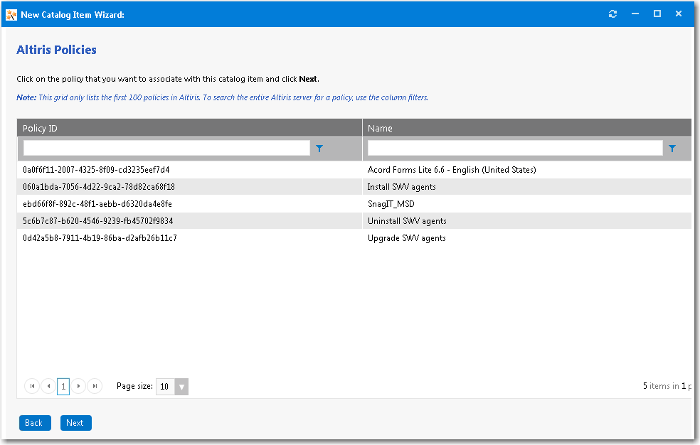 Altiris Policies Panel / New Catalog Item Wizard